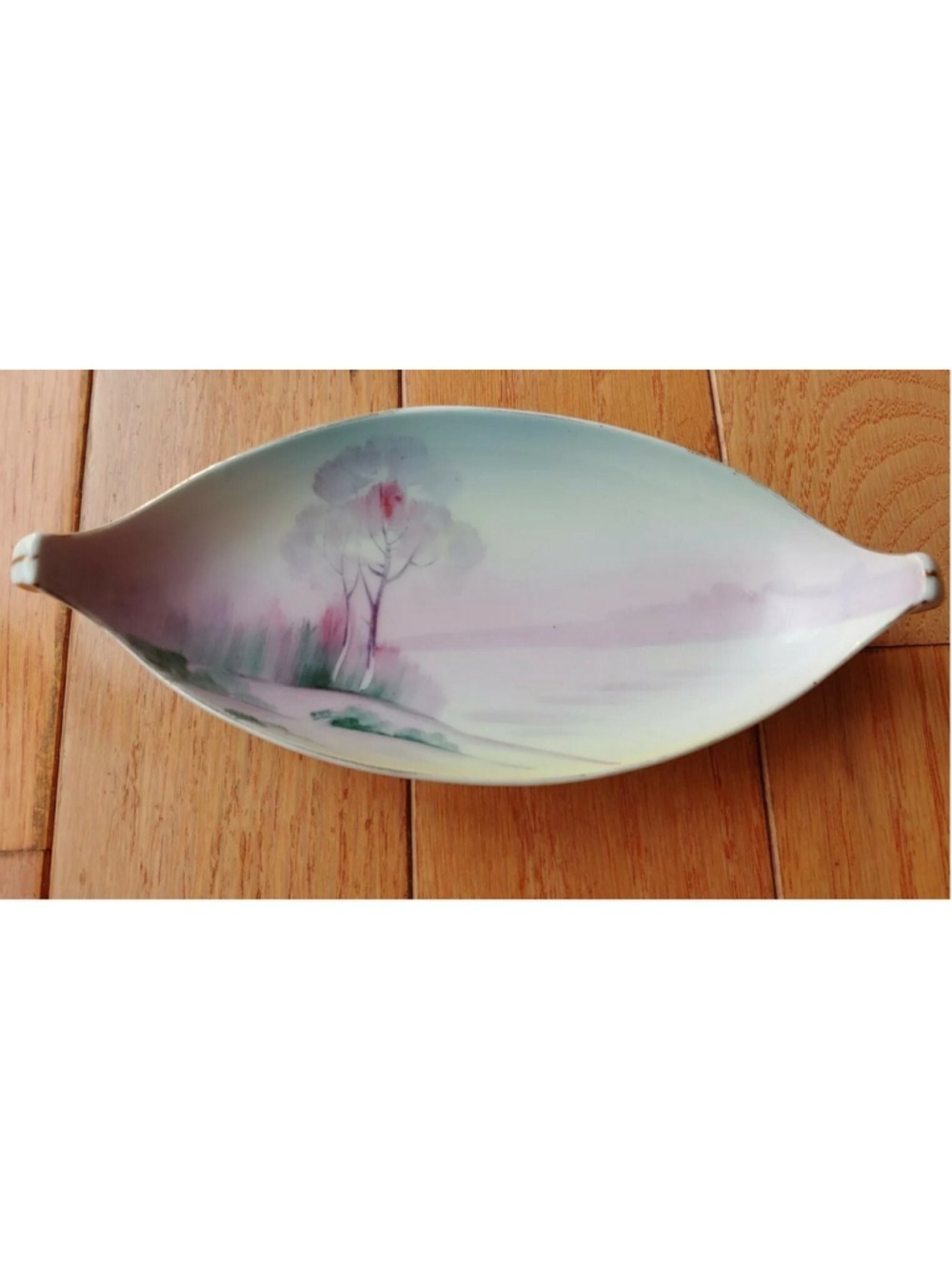 Meito China Hand Painted Made In Japan Oval Dish Vintage Lake Trees Beach